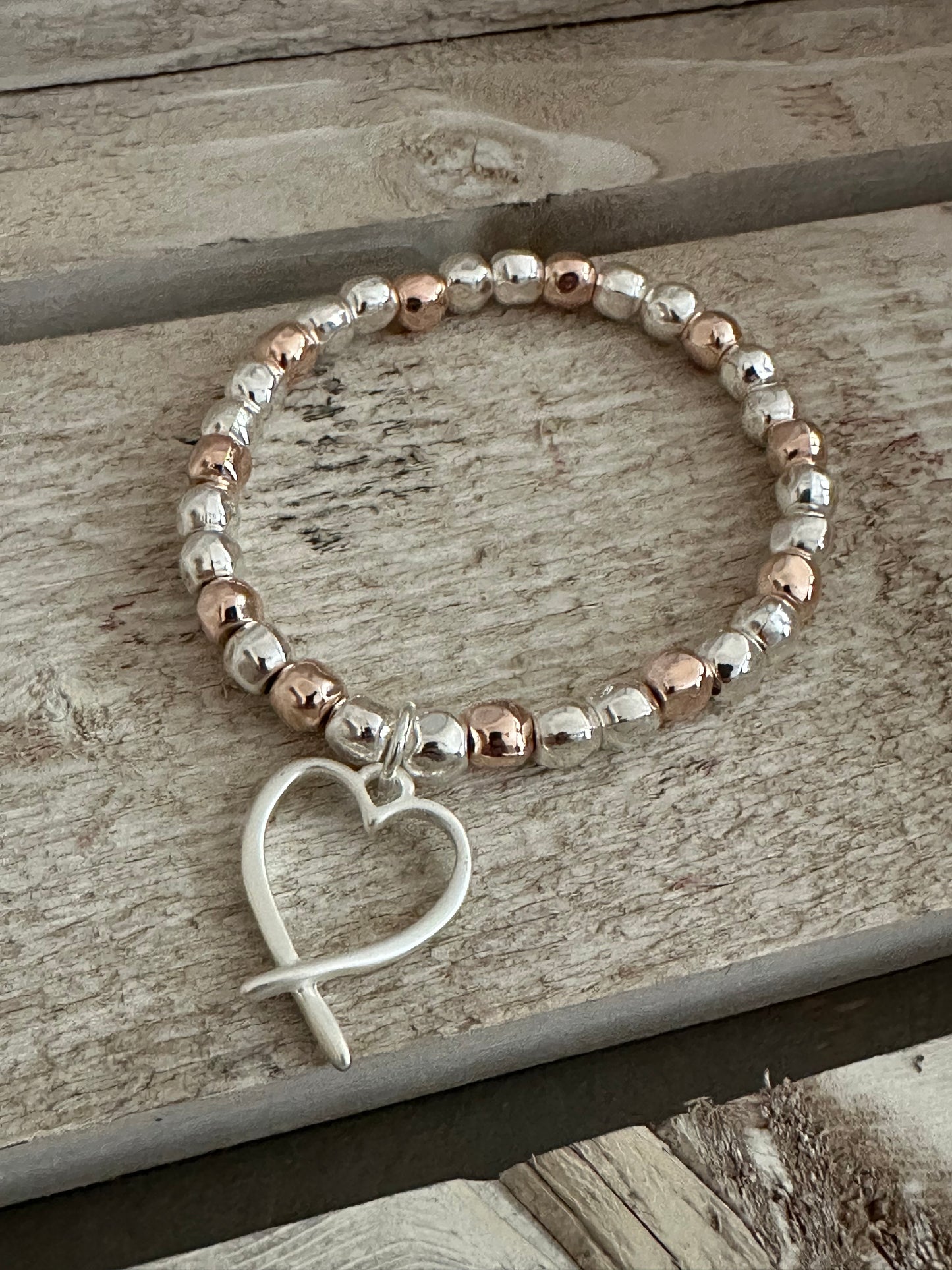 Two Tone Heart Charm Elasticated Bracelet