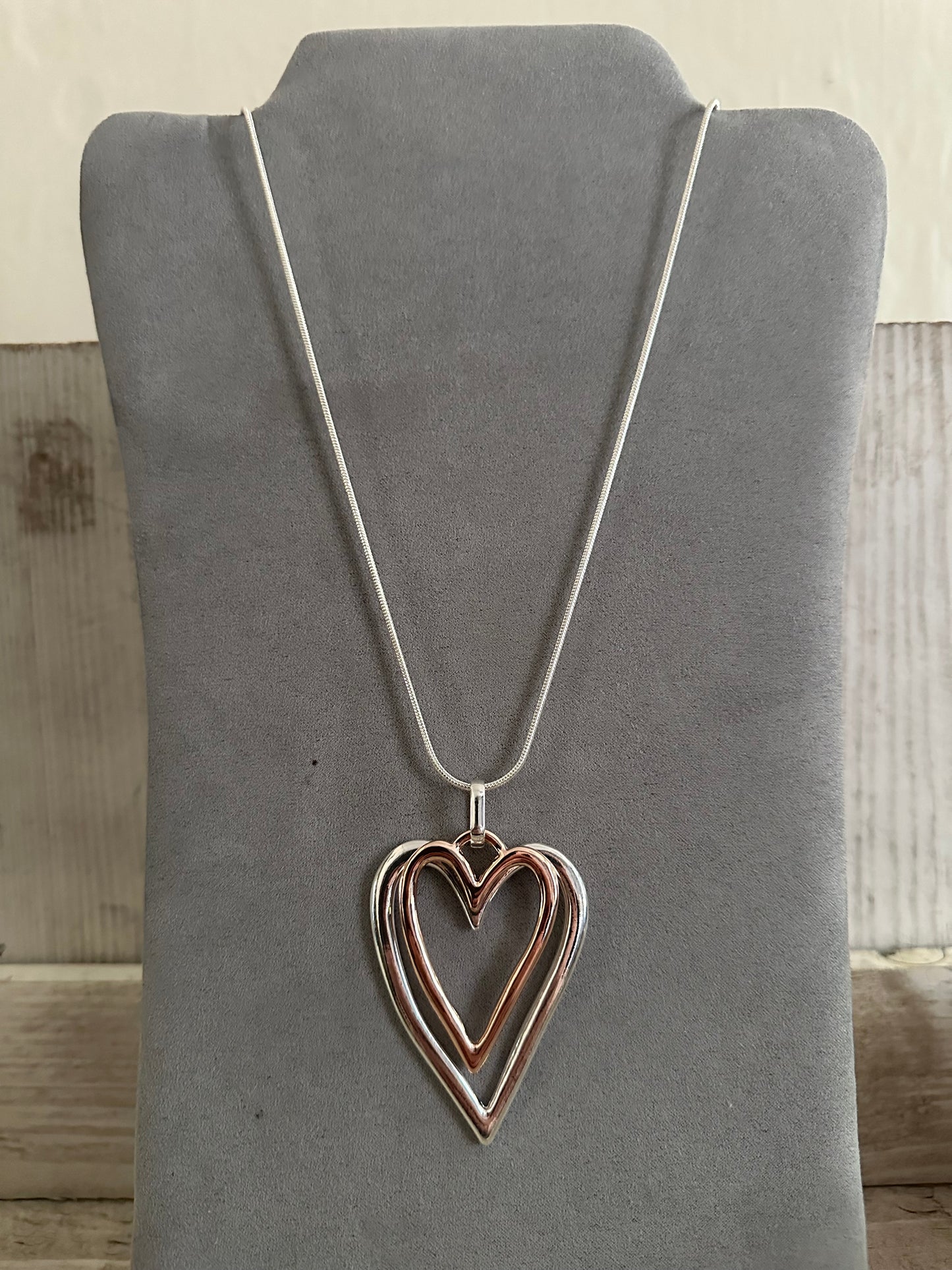 Two Tone Heart Pendant Long Necklace