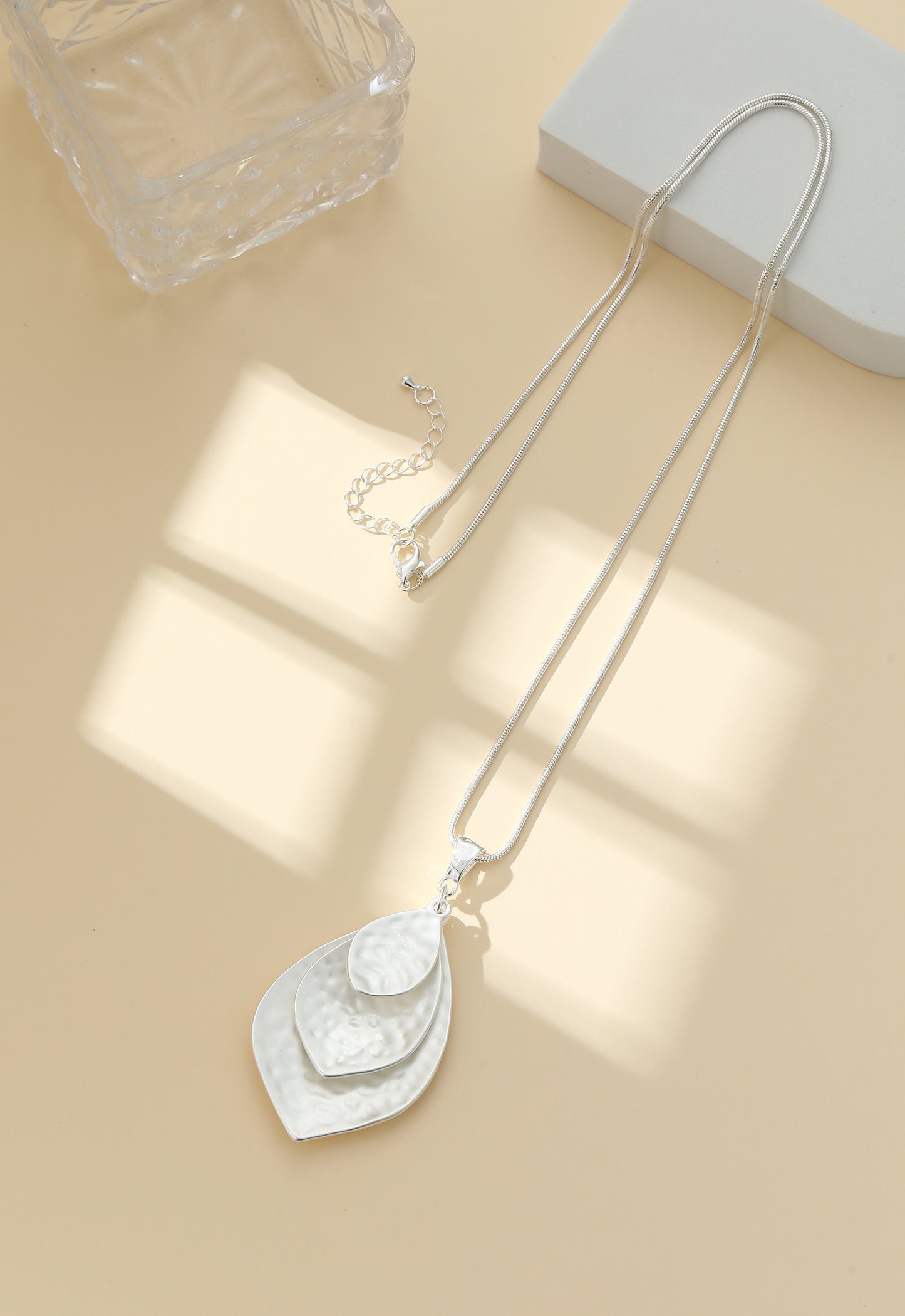 Hammered Effect Three Pendant Long Necklace