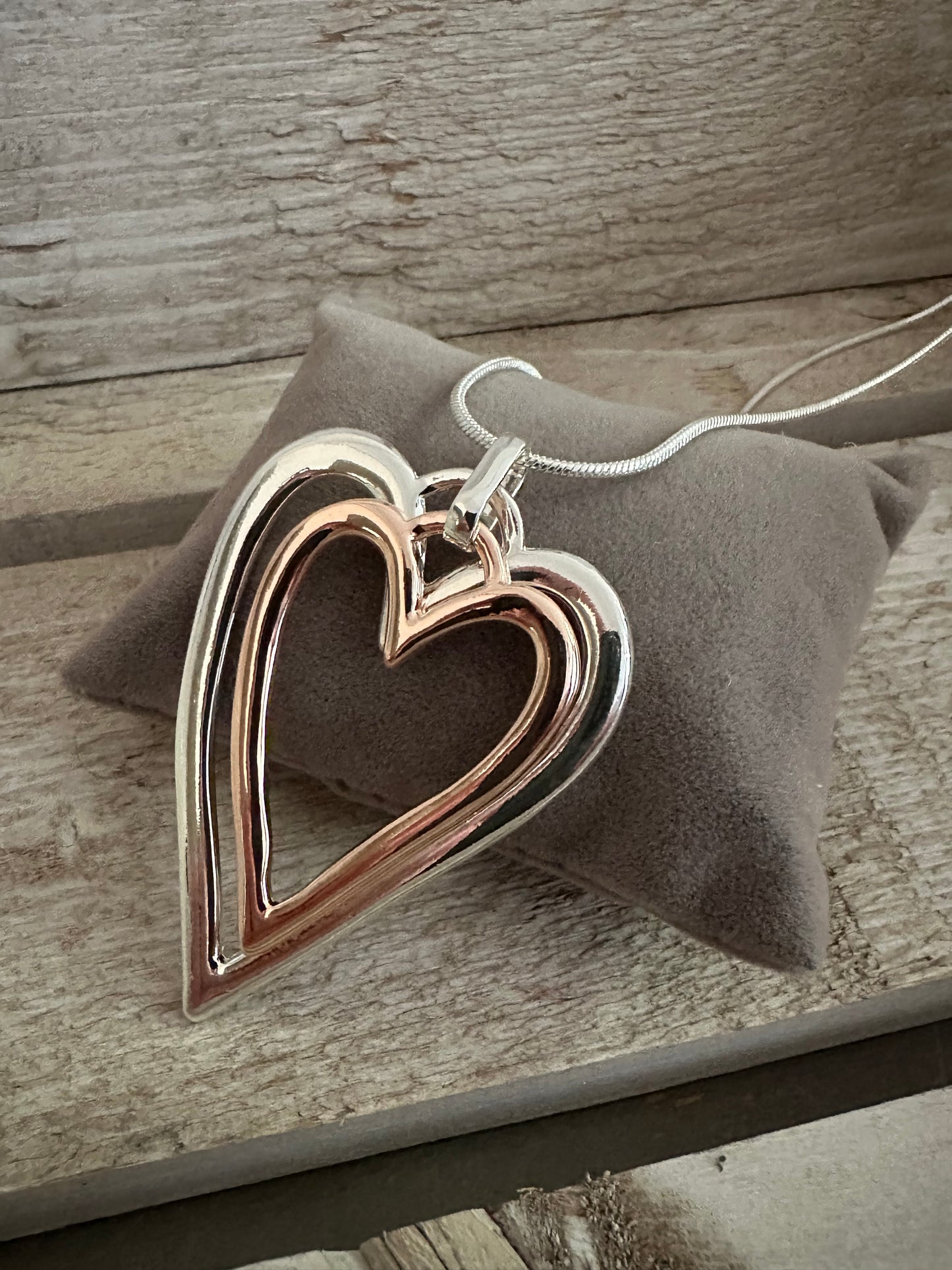 Two Tone Heart Pendant Long Necklace