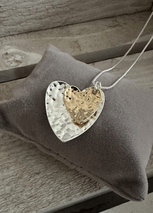 Two Tone Double Heart Short Necklace