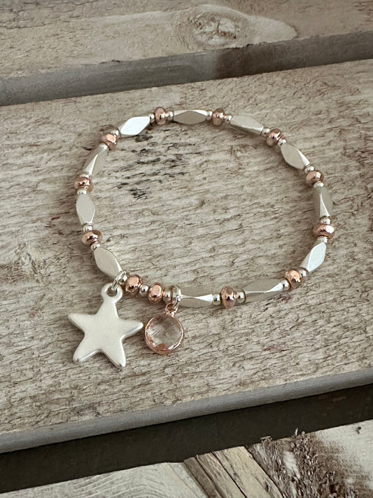 Two Tone Star Charm Elasticated Bracelet