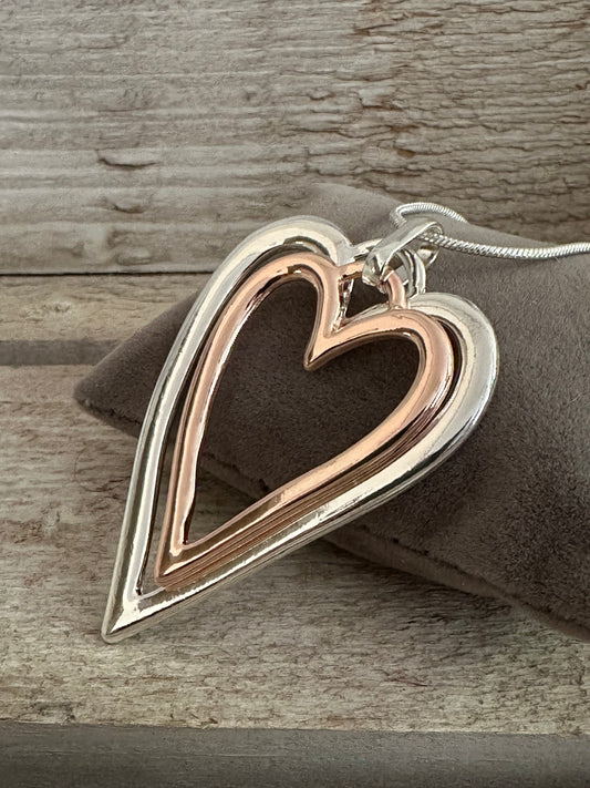 Two Tone Heart Pendant Long Necklace
